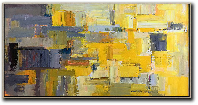 Large Modern Abstract Painting,Horizontal Palette Knife Contemporary Art Panoramic Canvas Painting,Acrylic Painting On Canvas,Yellow,Grey,Brown,White.etc